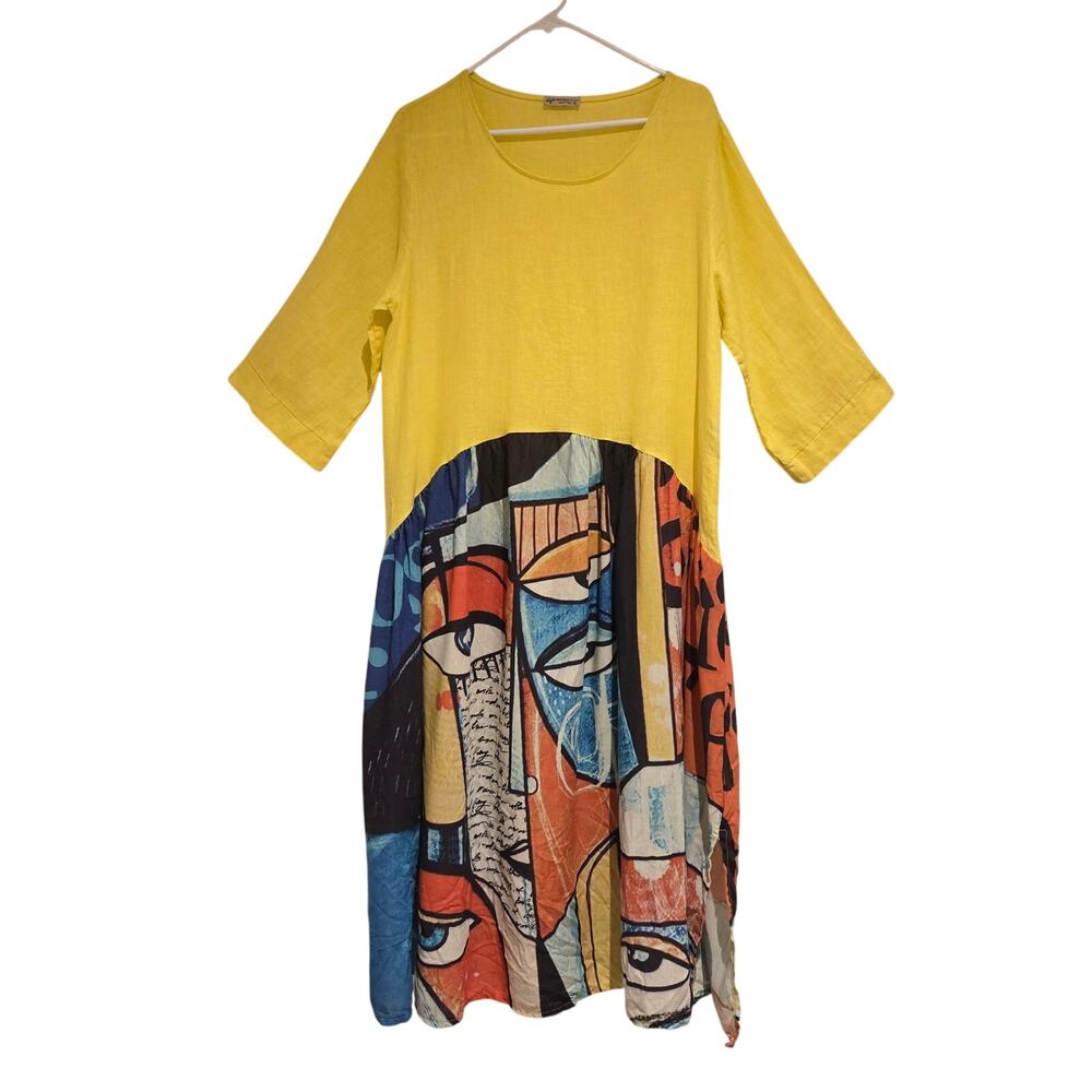 Made in Italy 100% Linen Maxi Dress Art to Wear Artsy Eclectic Aunt Lagenlook L - Picture 2 of 8